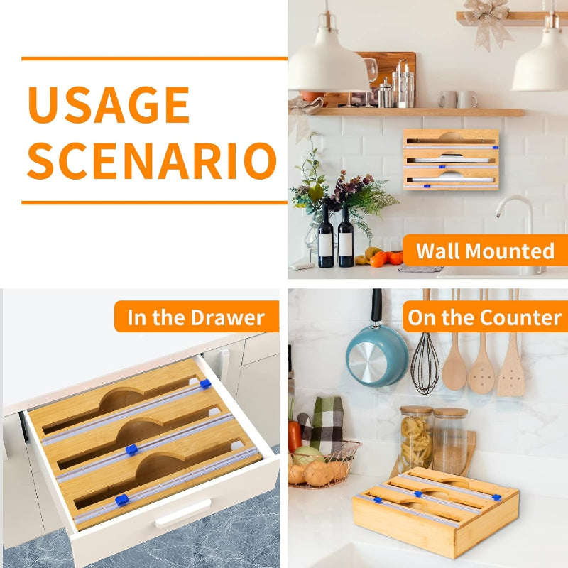 Tripple Layer Bamboo Plastic Cling Wrap Dispenser with Cutter