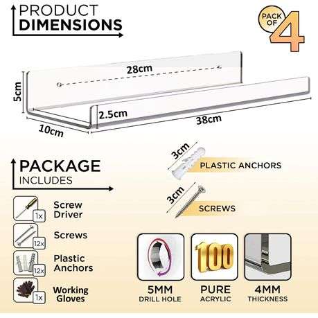 Pack of 4 Versatile Acrylic Display Floating Shelf Organizer with Hand Gloves and Installation Ac...
