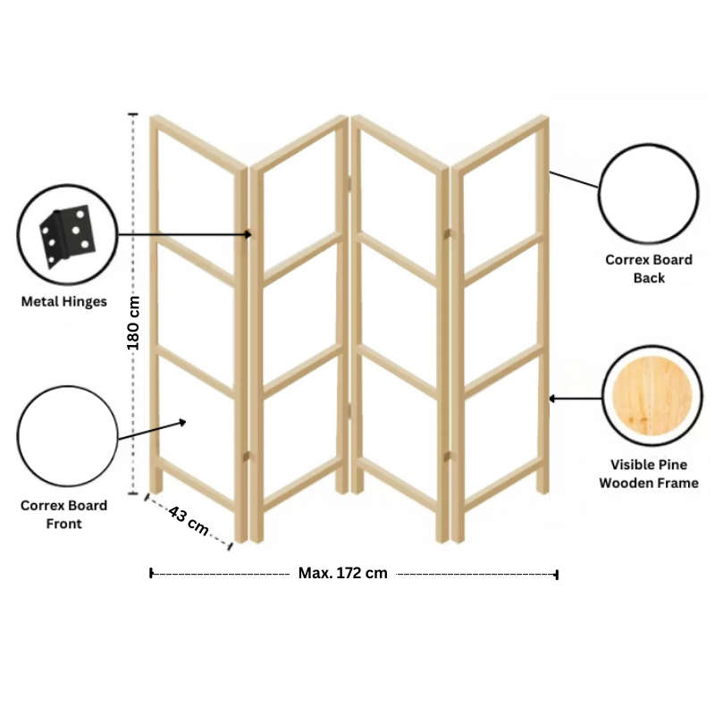 Partition Room Divider - White 4-Panel Correx Board Folding Privacy Screen Room Divider with Wood...