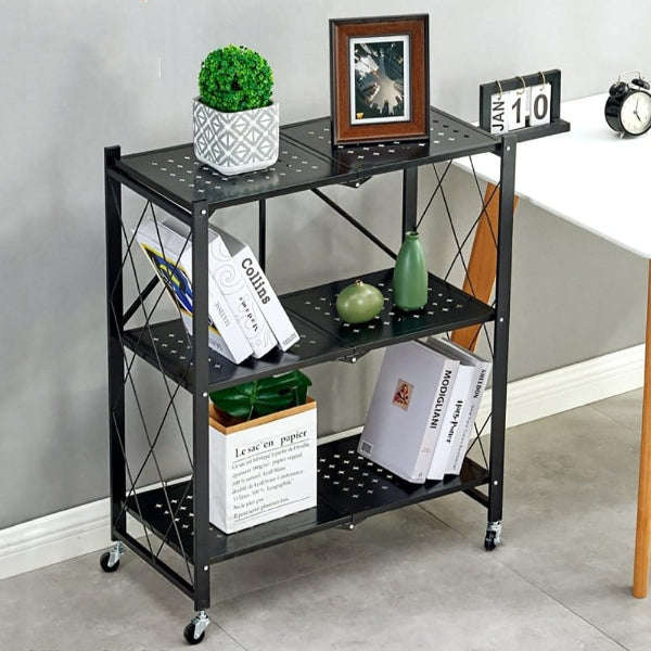 Wheeled 3 Tier Steel Collapsible Utility Cart in Black