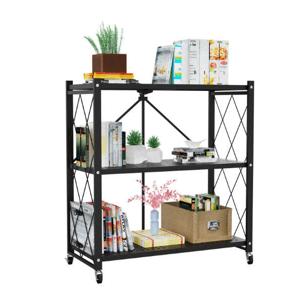 Wheeled 3 Tier Steel Collapsible Utility Cart in Black