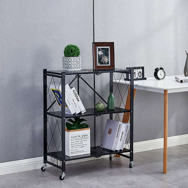 Wheeled 3 Tier Steel Collapsible Utility Cart in Black