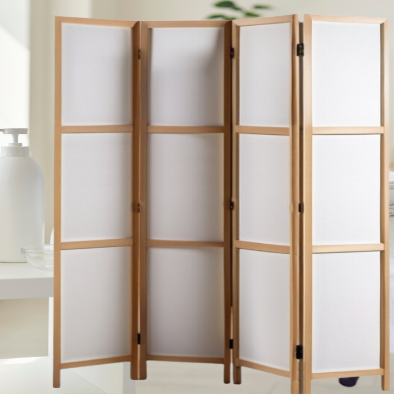 Partition Room Divider - White 4-Panel Correx Board Folding Privacy Screen Room Divider with Wood...