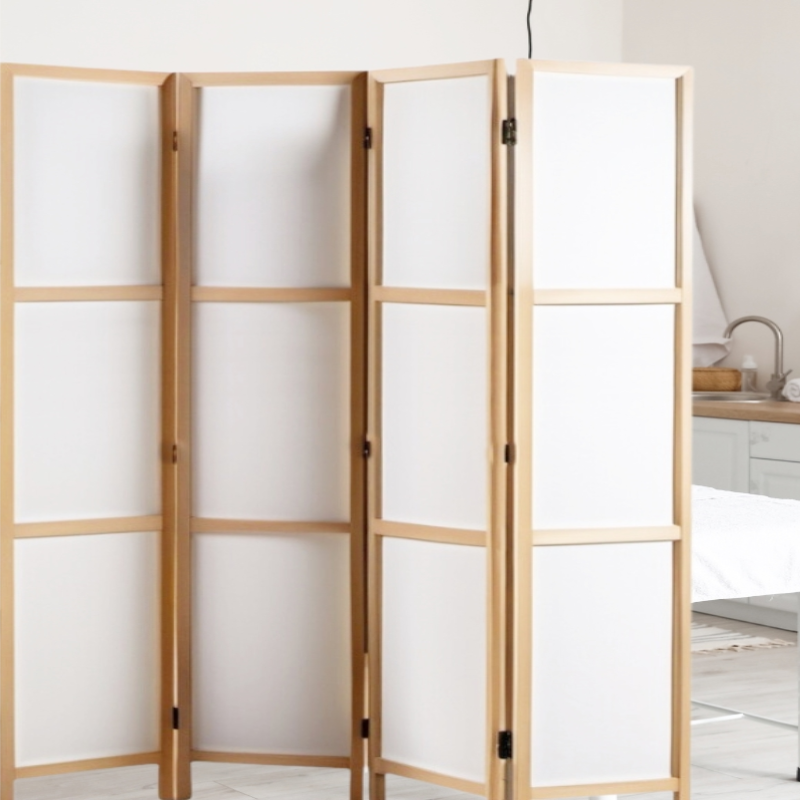 Partition Room Divider - White 4-Panel Correx Board Folding Privacy Screen Room Divider with Wood...