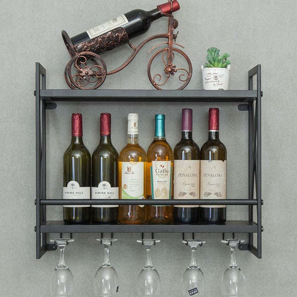 Wall Mounted Wine Rack - 2-Tier Black Finished Metal Bottle Display Glass Wine Rack Wall Mounted ...