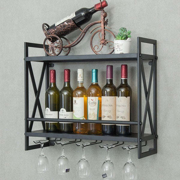 Wall Mounted Wine Rack - 2-Tier Black Finished Metal Bottle Display Glass Wine Rack Wall Mounted ...