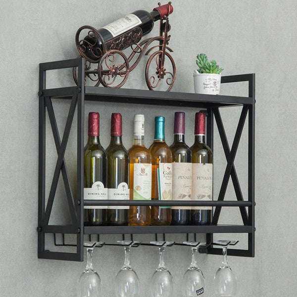Wall Mounted Wine Rack - 2-Tier Black Finished Metal Bottle Display Glass Wine Rack Wall Mounted ...