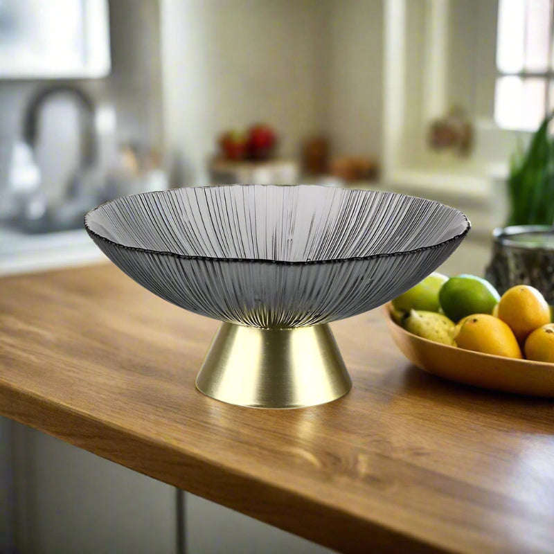 Decorative Footed Glass Plate Fruit Bowl (Gray)