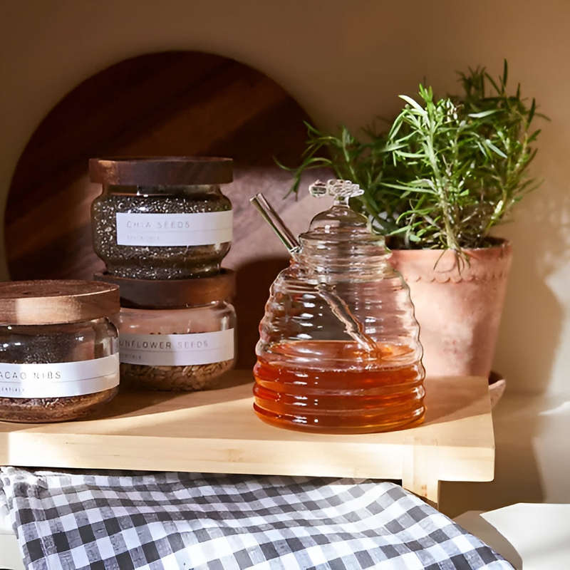 Clear Borosilicate Glass Honey Jar with Dipper and Dustproof Lid