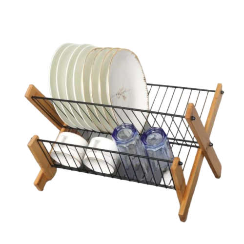 Dish Drying Rack - Bamboo Dish Rack Folding 2-Tier Collapsible Drainer Dish Drying Rack