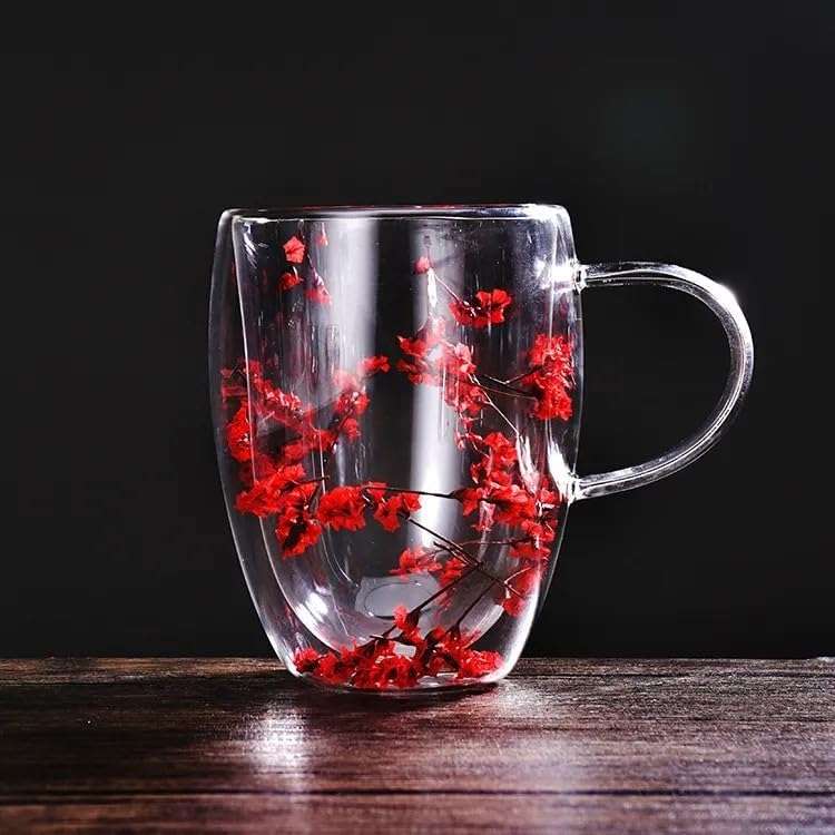 350ml Flower Petals Double Walled Glass Coffee Mug