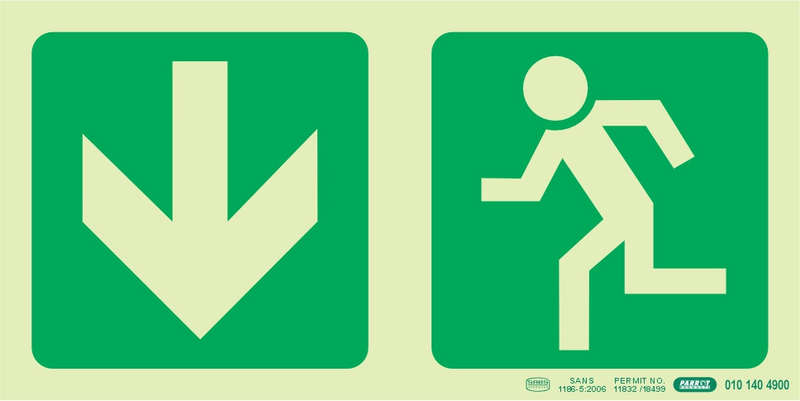 PHOTOLUMINESCENT 190MM SAFETY SIGN -E3-ARROW DOWN+RUNNING MAN