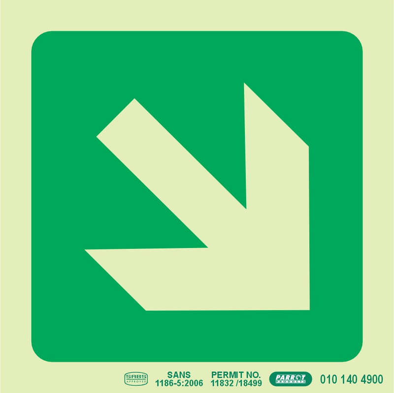 PHOTOLUMINESCENT 190MM SAFETY SIGN -E31-DIAGONAL ARROW DOWN AND RIGHT