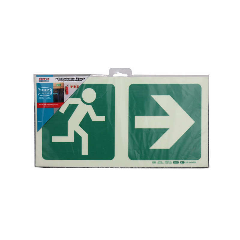 PHOTOLUMINESCENT 190MM SAFETY SIGN -E1-RUNNING MAN+ARROW RIGHT