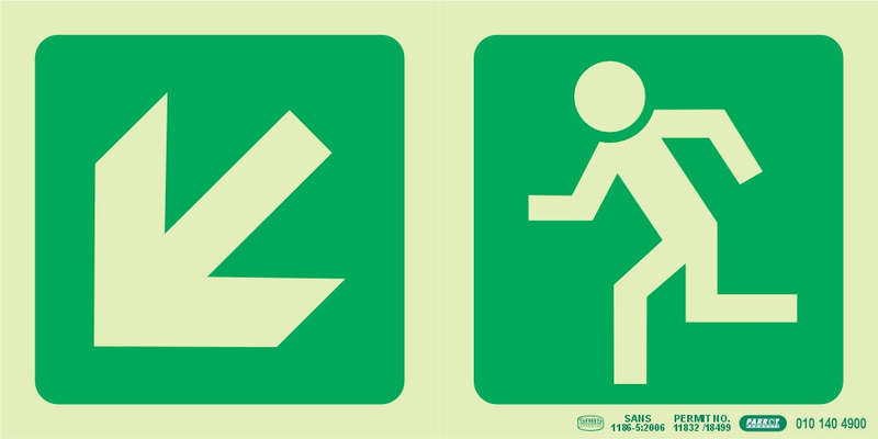 PHOTOLUMINESCENT 190MM SAFETY SIGN -E14-DIAGONAL ARROW DOWN AND LEFT +RUNNING MAN