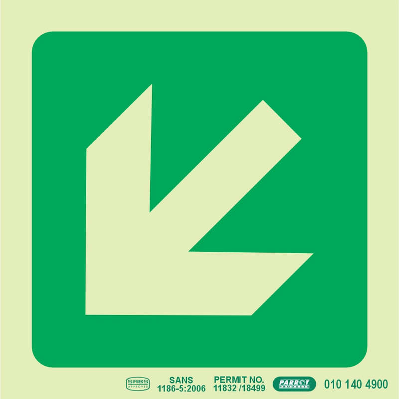 PHOTOLUMINESCENT 190MM SAFETY SIGN -E30-DIAGONAL ARROW DOWN AND LEFT
