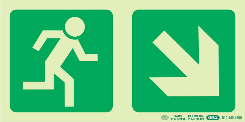 PHOTOLUMINESCENT 190MM SAFETY SIGN -E13-RUNNING MAN+DIAGONAL ARROW DOWN AND RIGHT