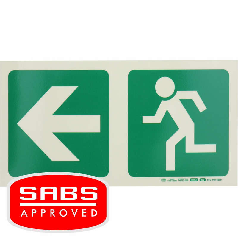 PHOTOLUMINESCENT 190MM SAFETY SIGN -E2-ARROW LEFT+RUNNING MAN