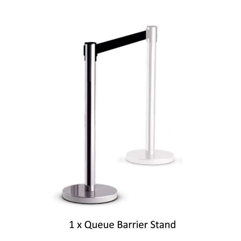 RETRACTABLE QUEUE BARRIER CHROME WITH BLACK BELT 910X320MM