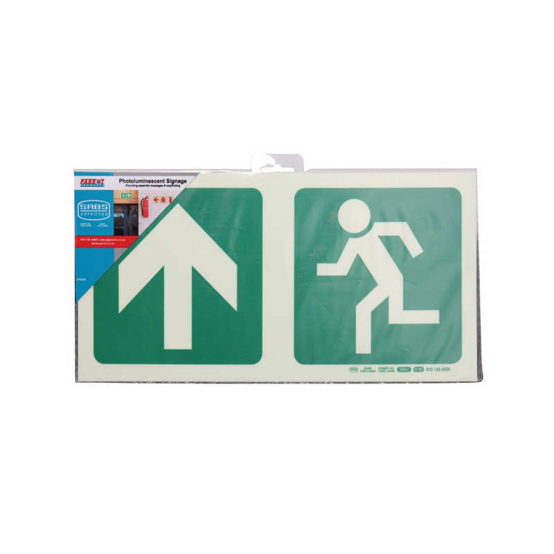 PHOTOLUMINESCENT 190MM SAFETY SIGN -E10-ARROW UP+RUNNING MAN