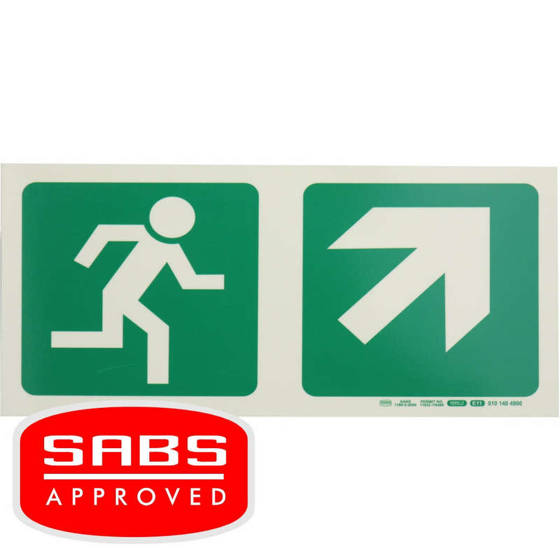 PHOTOLUMINESCENT 190MM SAFETY SIGN -E11-RUNNING MAN+DIAGONAL ARROW UP AND RIGHT