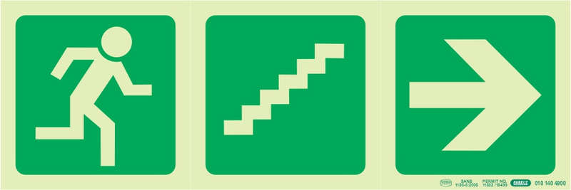 PHOTOLUMINESCENT 190MM SAFETY SIGN -E18-RUNNING MAN+STAIRS GOING UP+ARROW RIGHT