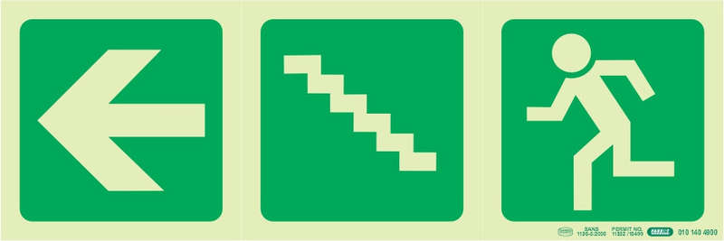 PHOTOLUMINESCENT 190MM SAFETY SIGN -E19-ARROW LEFT+STAIRS GOING U+RUNNING MAN