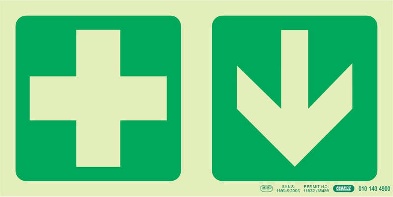 PHOTOLUMINESCENT 190MM SAFETY SIGN -E7A-GREEN CROSS+ARROW DOWN