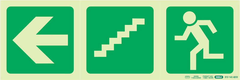 PHOTOLUMINESCENT 190MM SAFETY SIGN -E17-ARROW LEFT+STAIRS GOING DOWN+RUNNING MAN