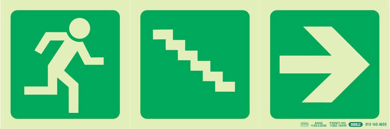 PHOTOLUMINESCENT 190MM SAFETY SIGN -E16-RUNNING MAN+STAIRS GOING DOWN+ARROW RIGHT