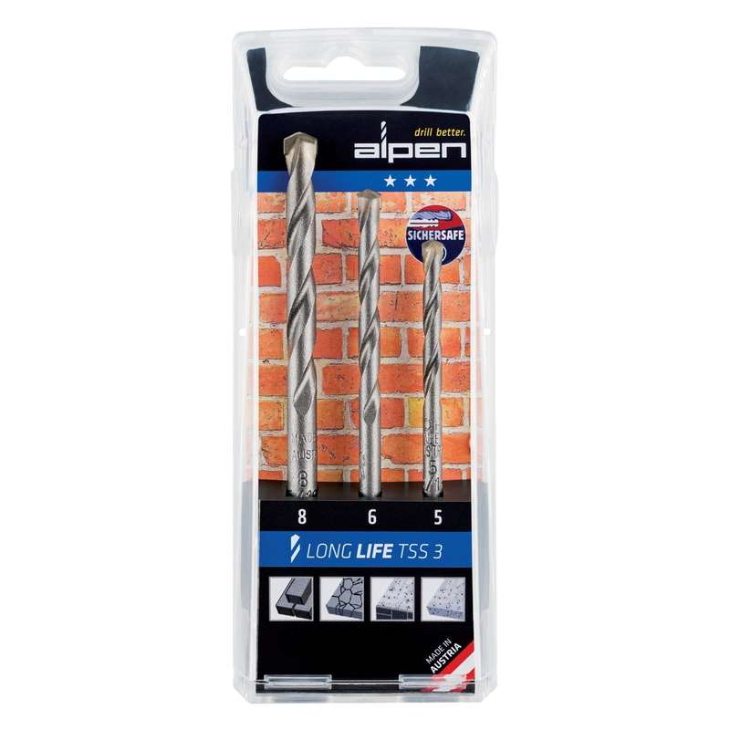 Masonry drill bit set 3 piece long life 5 6 8