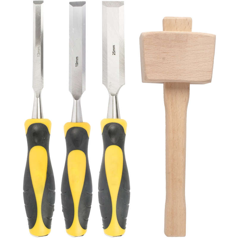 Chisel set wood 3 piece plus wooden mallet blister