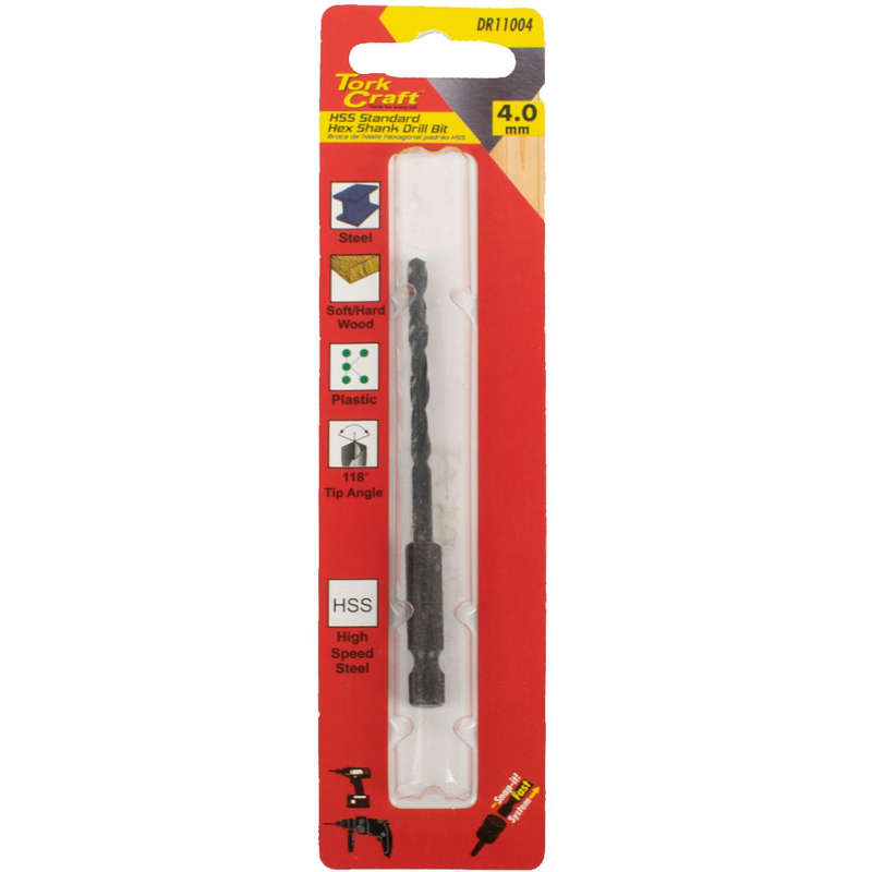 Drill bit hss standard 4.0mm hex shank 1/card