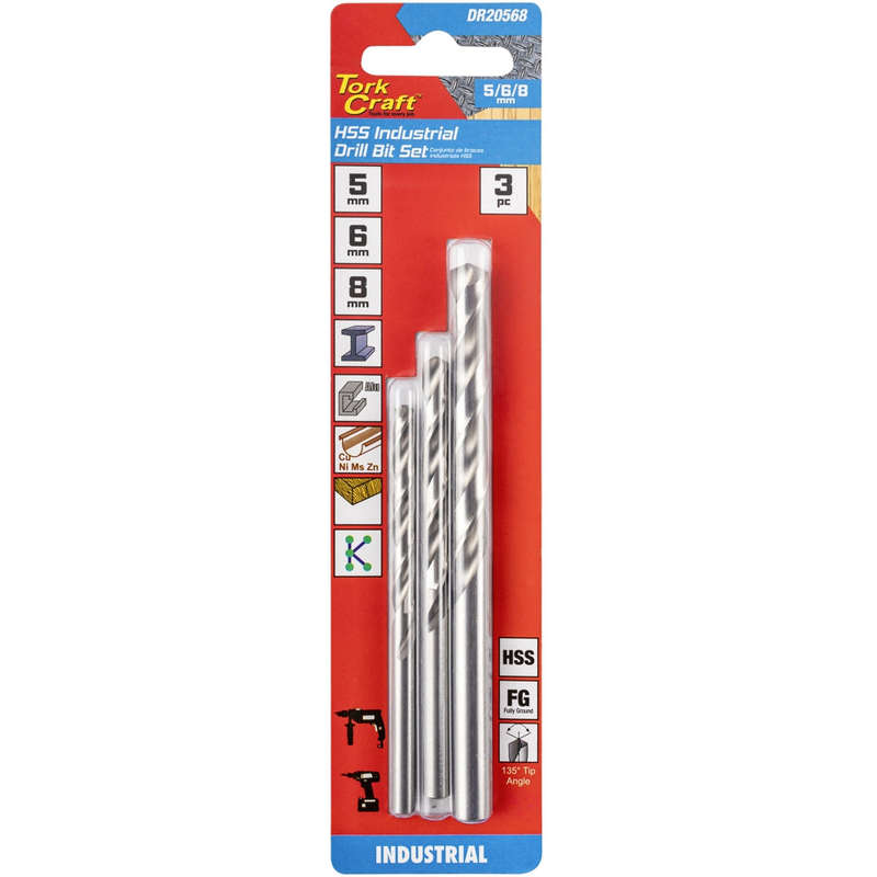 Drill bit hss 3pc set 5-6-8mm industrial 135 ground
