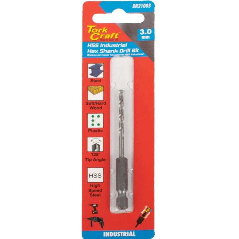 Drill hss 3.0mm 135deg 1/card hex shank industrial bit