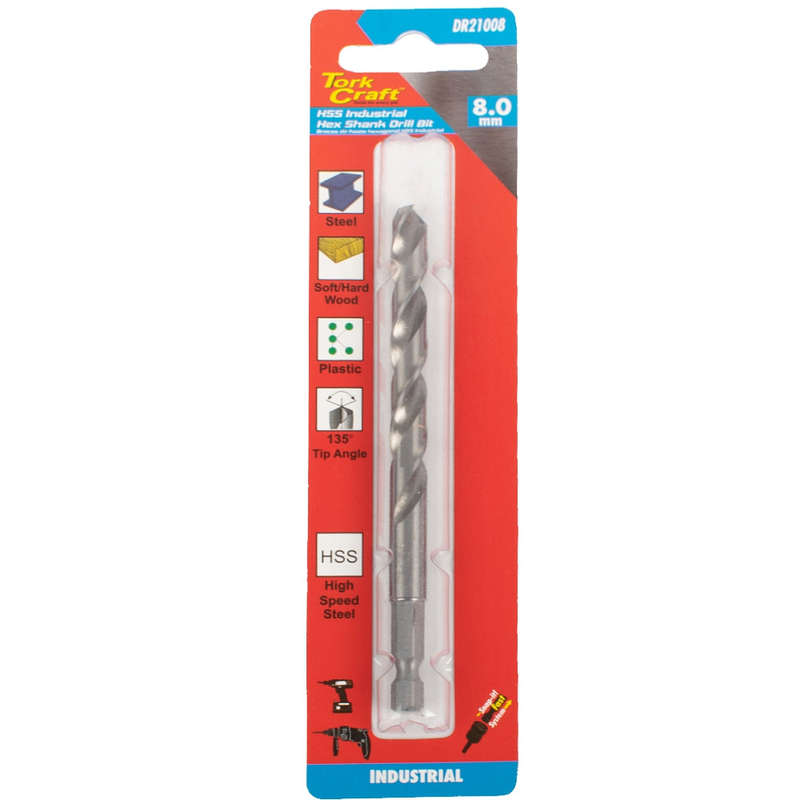 Drill hss 8.0mm 135deg 1/card hex shank industrial bit