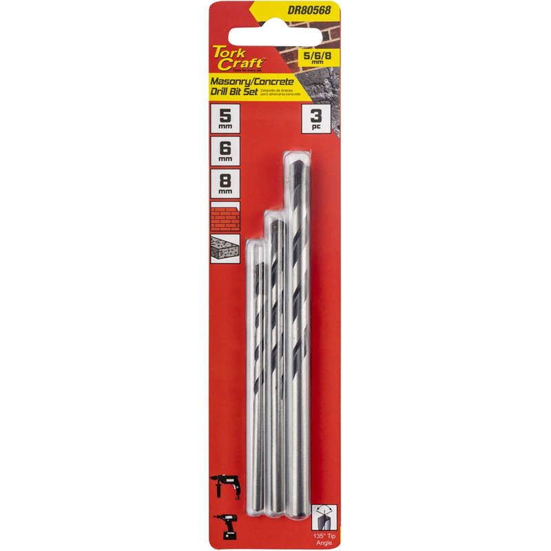 Drill bit masonry/concrete 3pc set 5-6-8mm
