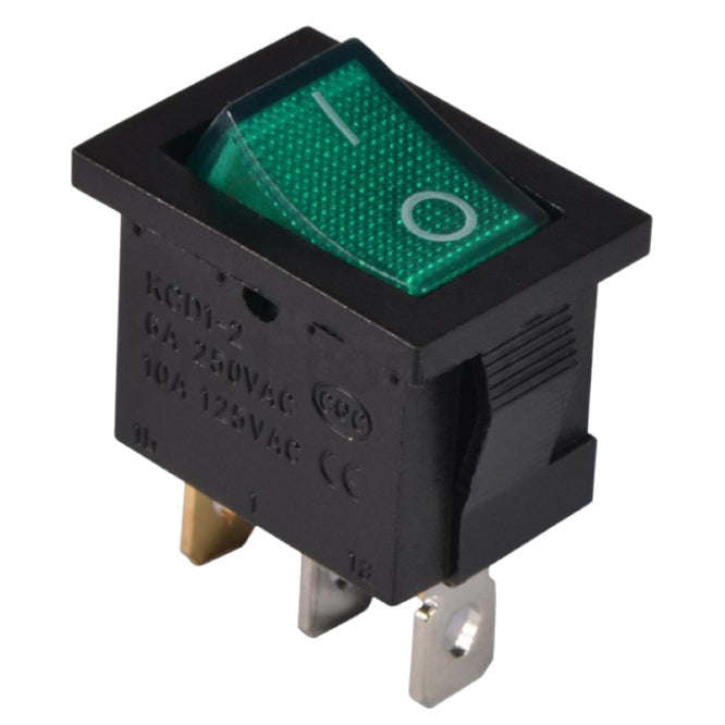 Rocker switch illuminated green 12v 15a spst 13x19 kcd1-2-101n green