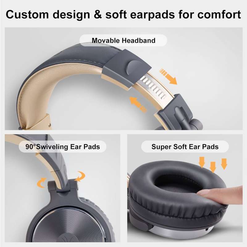 Oneodio Pro 10 Professional Wired Over Ear DJ and Studio Monitoring Headphones - Grey/Gold