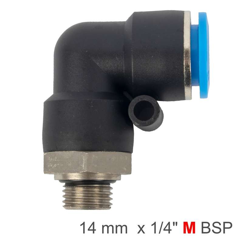 Elbow w/o-ring 14mm-1/4' m pu hose fitting