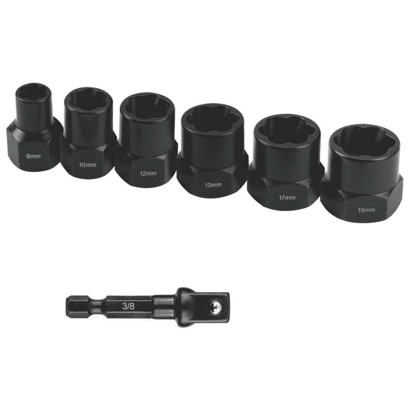 Bolt extract set 7pce 8/10/12/13/17/19mm 1pc 50mm 1/4' socket adaptor