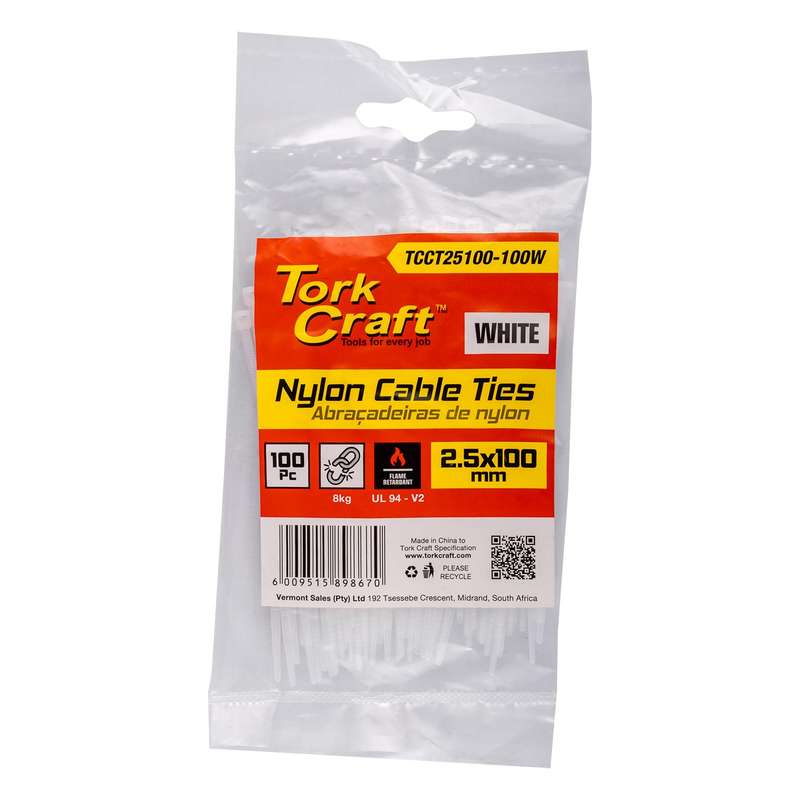 Nylon cable ties 2.5mm x 100mm white 100pc