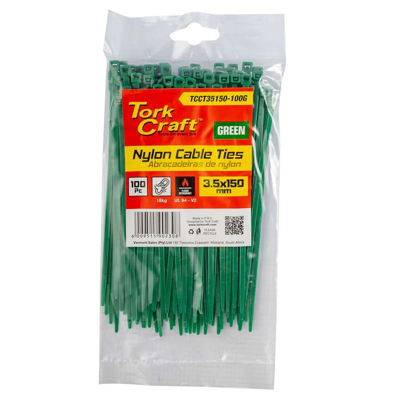 Nylon cable ties 3.5mm x 150mm green 100pc