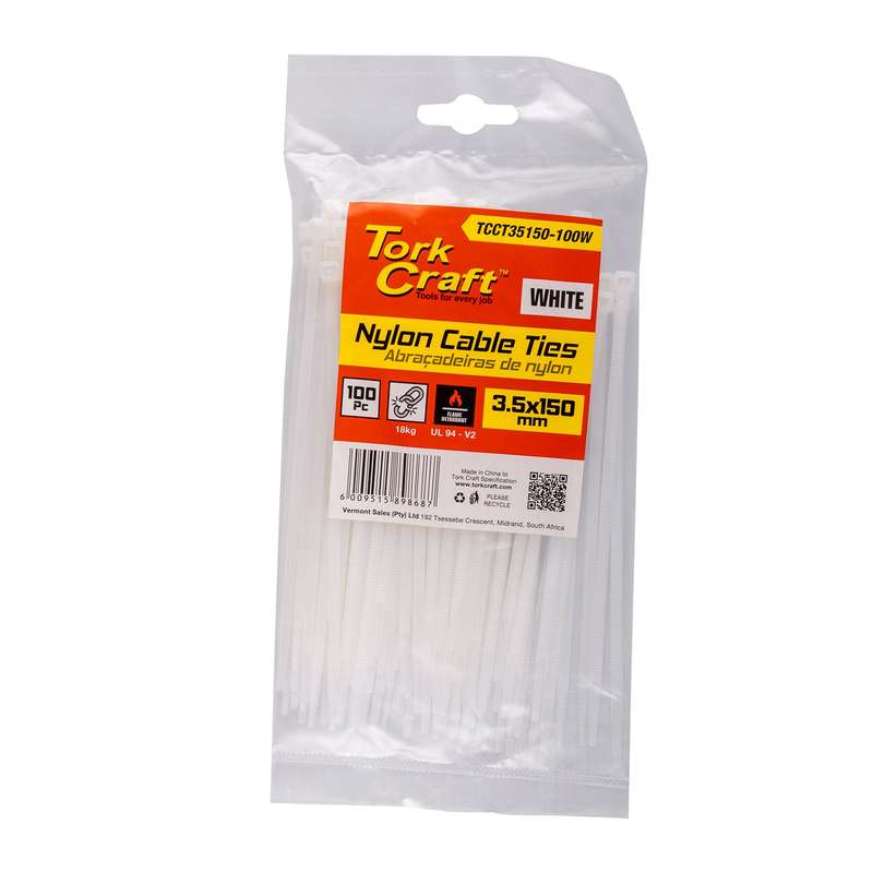 Nylon cable ties 3.5mm x 150mm white 100pc