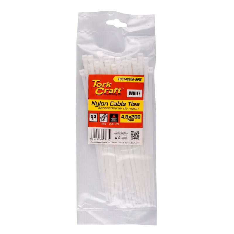 Nylon cable ties 4.8mm x 200mm white 50pc