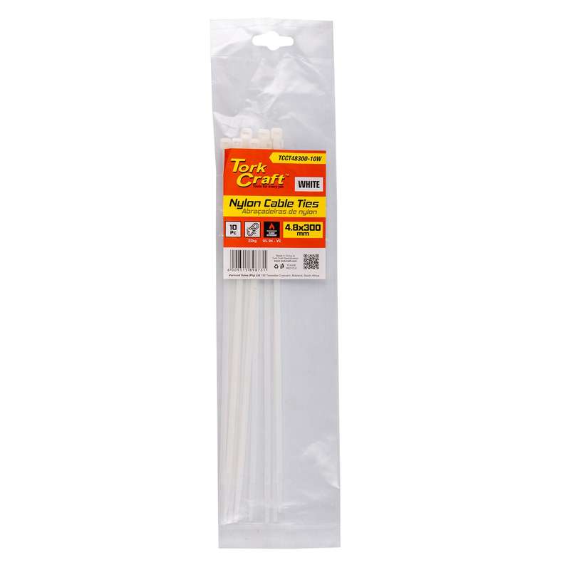 Nylon cable ties 4.8mm x 300mm white 10pc