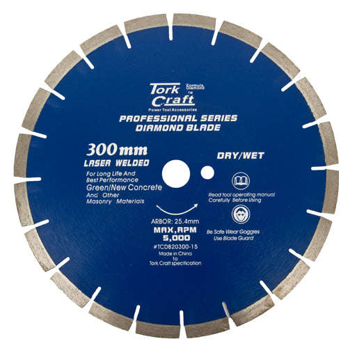 Diamond blade 300 x 25.4mm green / new concrete laser welded segmented