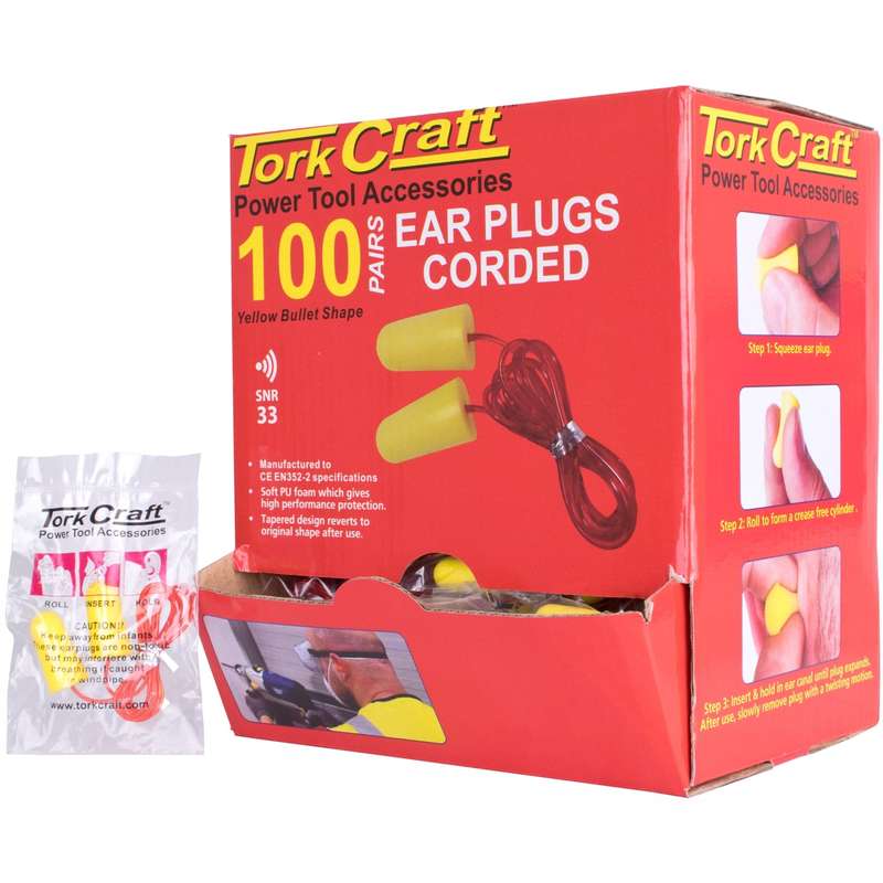 Ear plug corded 1pr poly bag 100 pr per box bullet shape yellow