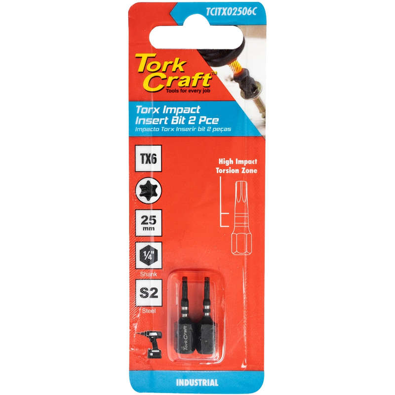 Torx tx 6 impact insert bit 25mm 2pc carded