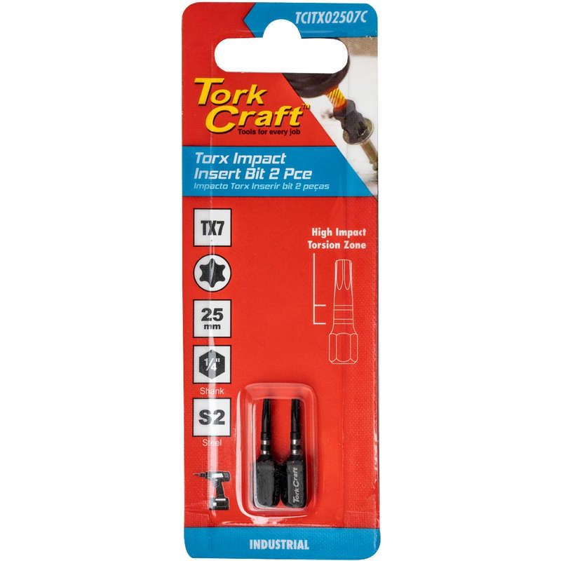 Torx tx 7 impact insert bit 25mm 2pc carded